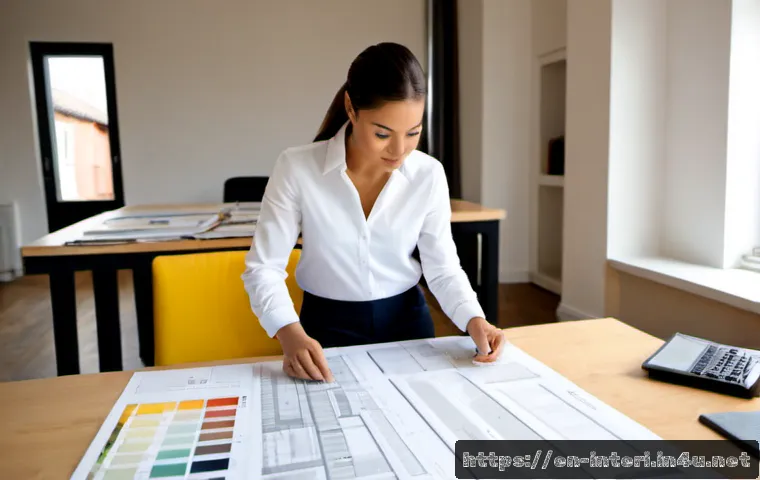 실내건축 자격증과 관련된 유망 직업 - Photorealistic interior designer reviewing a detailed apartment renovation model and material sample...