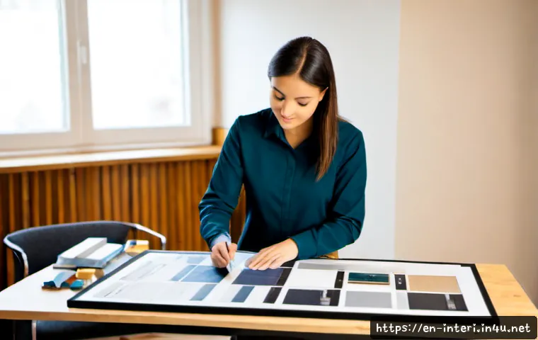 Home 17 실내건축 실습에서 강조되는 기본 원칙 - Photorealistic interior architecture studio workspace, a focused adult designer wearing casual profe...
