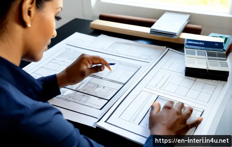 실내건축 자격증 소지자의 실무 경험 공유 - Photorealistic interior designer with a professional certification portfolio, reviewing detailed roo...