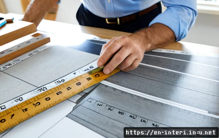 Home 17 실내건축 전문 용어 사전 - Photorealistic interior design workspace, a mature architect in smart casual clothing reviewing a la...