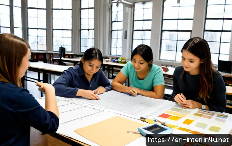 Home 17 실내건축 실습에서 중요한 협업 기술 - Photorealistic interior architecture studio workshop, diverse adult design students collaborating ar...