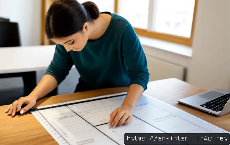 실내건축기사 자격증 공부법 - Photorealistic interior design certification study scene, focused adult learner at a clean home desk...
